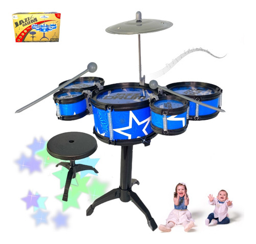 Mini Bateria Banquinho Instrumento Infantil Menino Ninho Boy Cor Azul