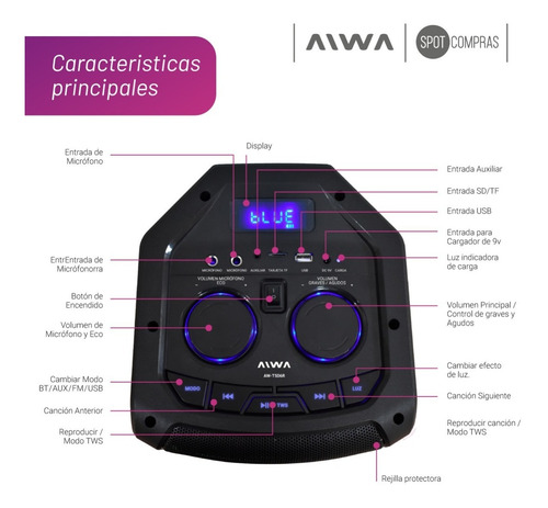 Imagen 4 de 9 de Parlante Torre Bluetooth Portátil Ring Luces Aiwa Aw-t506r