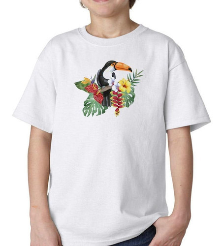 Remera De Niño Tucan En Una Rama Hojas Flores