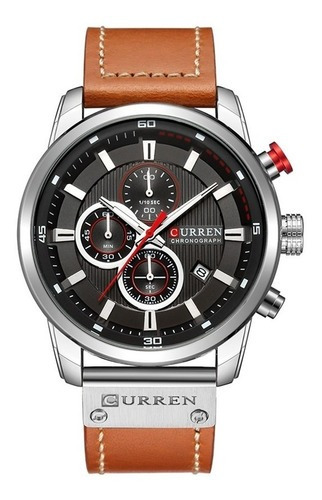 Reloj Curren 8291 para hombre, cronógrafo, impermeable, correa deportiva, color marrón claro, color de fondo negro