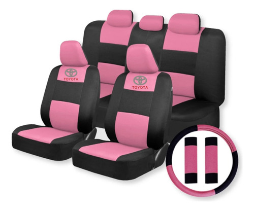 Funda Tela Negro Rosa Toyota+ Cubre Volante Y Cinturones