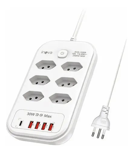 Filtro De Linha Régua Extensão 6 Tomadas Com 4 Usb E 1 Pd