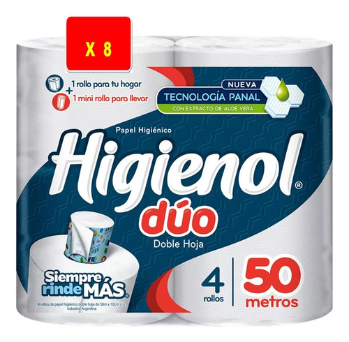 Papel Higiénico Higienol Duo 50 M X 4 Rollos X 8 Paq. Bolsón