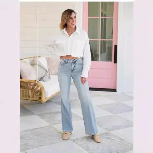Jeans De Cintura Alta Azul Claro Estilo Americano