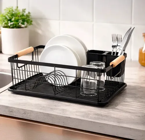 Escurridor Secaplatos Hogar Actual Color Negro Con Bandeja Y Cubiertero