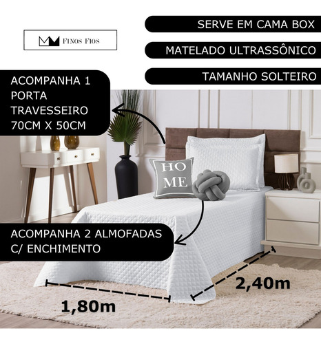 Kit Cobre Leito Home Solteiro 5 Peças C/ Almofada De Nó Branco