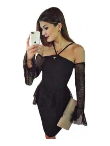Sexy Vestido Negro Mangas Campana Moderno Elegante 22872