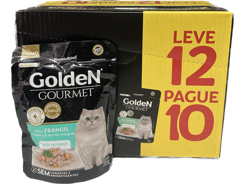 Caixa 12 Sachê Golden Gourmet Gatos Adultos Castrado Frango