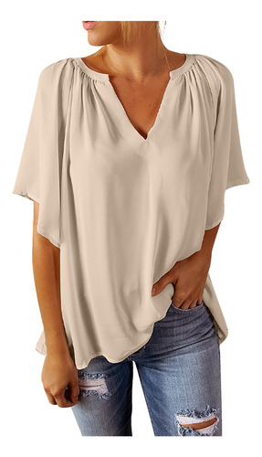 Blusa Tipo Playera De Manga Corta Con Cuello En V De Verano