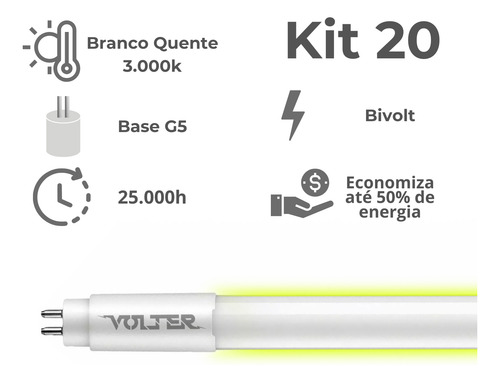 Kit 20 Lâmpada Led Tubular Volter 18w T5 115cm G5 3000k