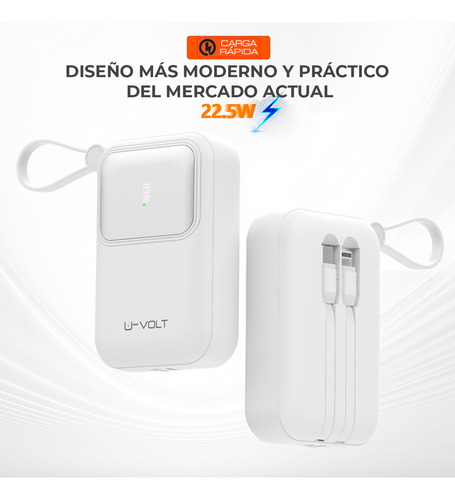 Power Bank Batería Portátil 10000mah Carga Rápida 22.5w Con 3 Cables Incorporados Tipo C Iph Usb Pantalla Digital U-volt Cargador Compatible Con iPhone Samsung Motorola Xiaomi Huawei Color Blanco