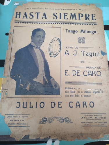 Partitura Tango Milonga Hasta Siempre Tagini De Caro (rota) 