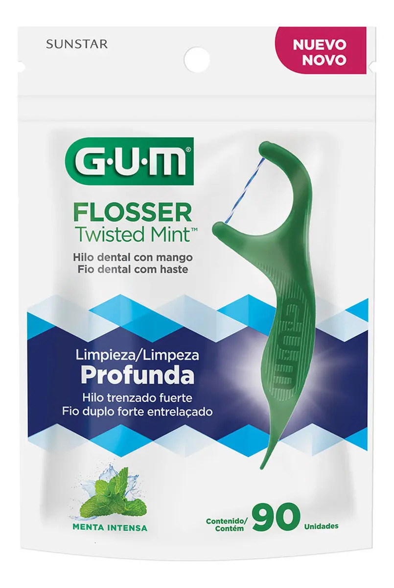 GUM - Flosser Twisted Mint Hilo Dental Trenzado con Mango, Limpieza Profunda, Sabor Menta Intensa, Encerado con Flúor, 90 Piezas
