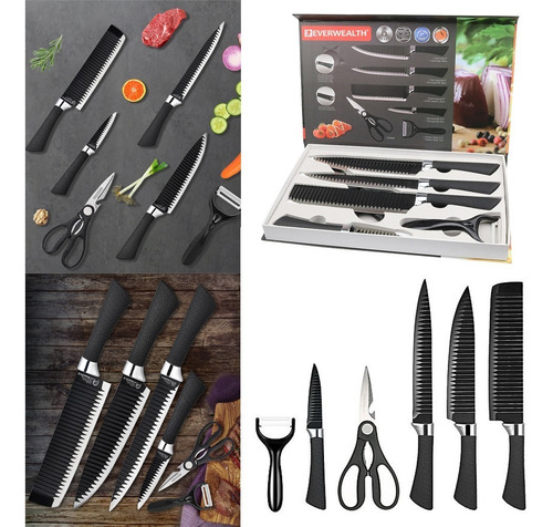 Juego Set De Cuchillos Elegante Para Cocina Chef 6 Piezas Color Cuchillos Everrich Negros