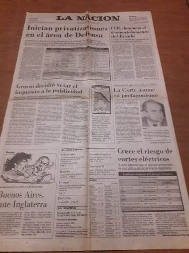 Tapa Diario La Nación 21 07 1990 Privatizaciones Ucr Barra