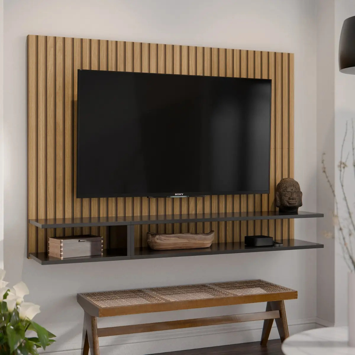 Painel Tv 50 Polegadas Milão 125x90 Cm Com Duas Prateleiras Cor Ripado/preto