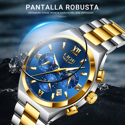 Reloj Pulsera Relojes Hombre Impermeable Acero Inoxidable Correa Plateado/Dorado Bisel Dorado Fondo Azul