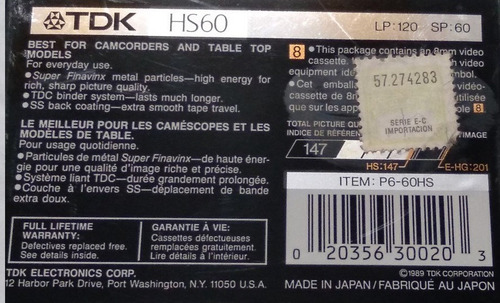 Cassette De Video 8mm P/ Filmadora Sony Minolta Canon 60 Min