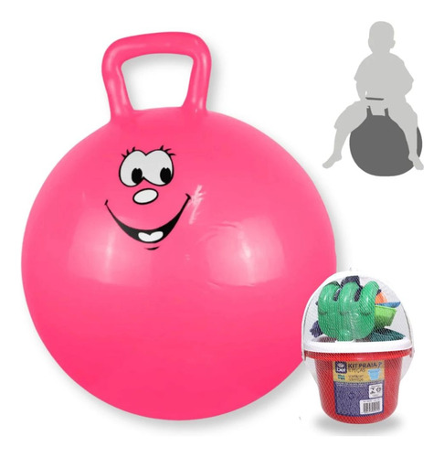 Bola Pula Pula 60 Cm Rosa Alça + Baldinho De Praia Colorido