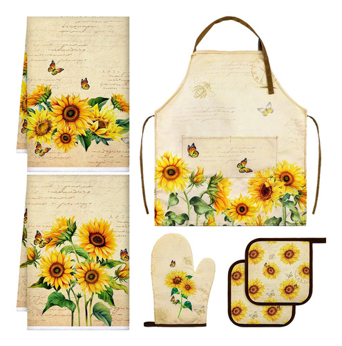 Juego De 6 Piezas De Toalla De Cocina Con Girasol, Guantes D