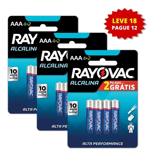 18 Pilhas Alcalinas Rayovac Aaa - Leve 18 Pague 12