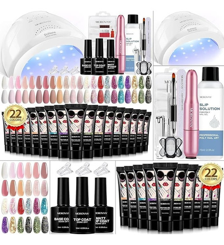 Kit Completo Para Uñas Polygel 22 Colores Con Lampara Led Multicolor