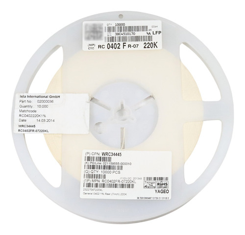 20 Pzas Resistor Pelicula Gruesa 220k Ohms 1/16w 0402 Smd 1%