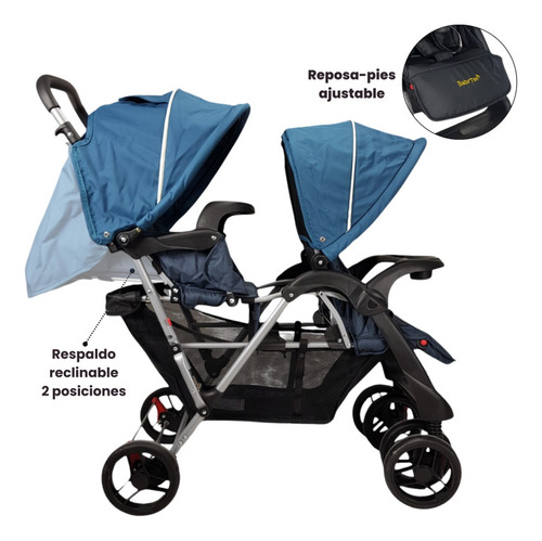 Carriola Gemelar Para Bebe Ruedas Con Freno Plegable Reclina Color Azul Chasis Gris