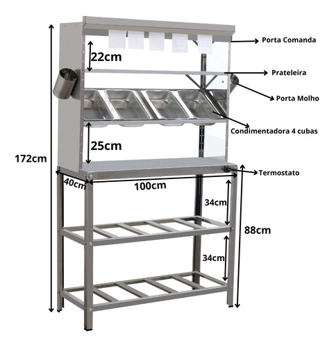 Mesa Pista Aquecida 100x40cm C/ 4 Cubas Porta Comanda Molho