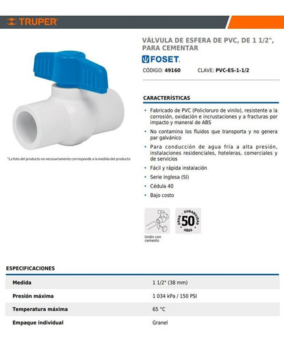 Válvula De Esfera De Pvc, De 1 1/2 , Para Cementar. Foset.