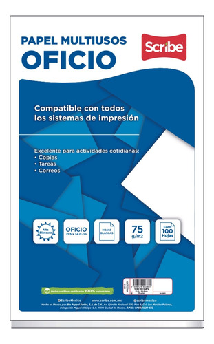 Papel Multiusos Scribe Oficio Blanco Contenido 100 Hojas