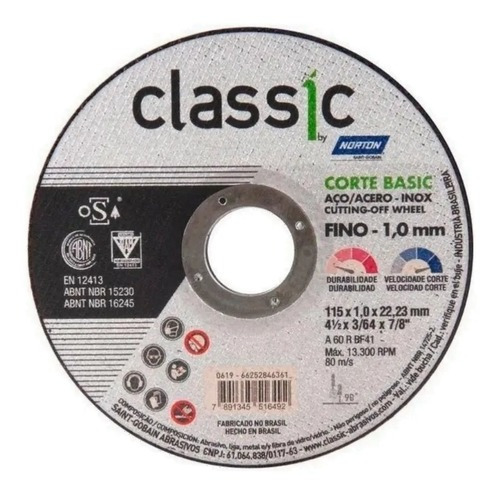 Disco De Corte Classic 4.1/2pol 115 X 22.23mm - Norton Cor Cinza