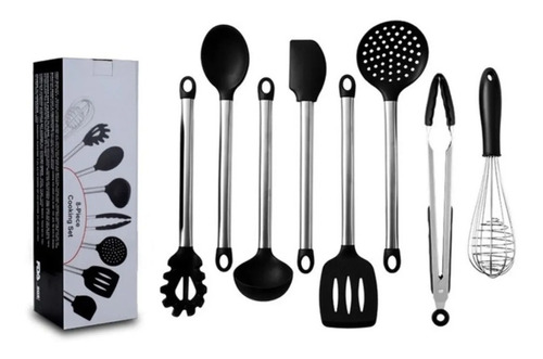 Set Utensilios De Cocina X8u Mango Acero Inox Punta Silicona