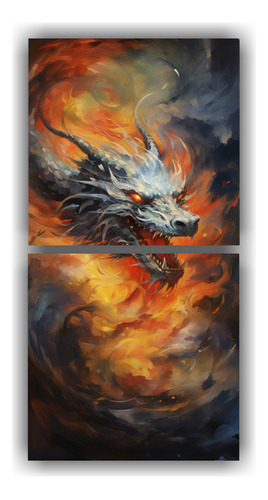 80x40cm Cuadro Decorativo Danza Dragones Cielo Neo-noir Amar