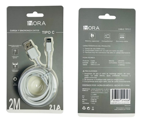 Cable Usb Tipo C 1hora Cab185 2 Metros Carga Rapida 