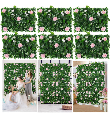 6 Paneles Artificiales Para Pared De Plantas Rosas, Césped V