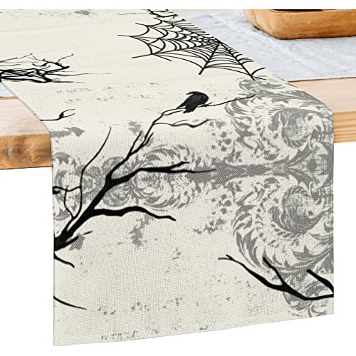 Halloween Table Runner, Crows Silhouette Branches Qrfnc