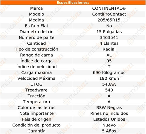 4 Llantas Contiprocontact Continental 205/65r15 95t Xl