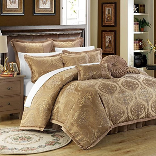 Juego De Cama 9 Piezas De Jacquard,color Dorado Talla Queen