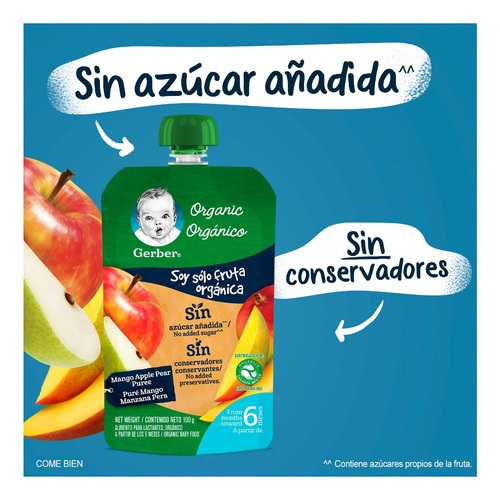 Papilla Gerber Etapa 1 Mango Manzana Pera 12 Pouch 100g C/u