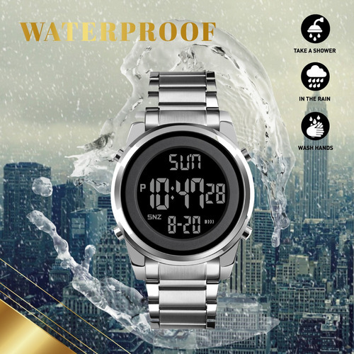 Imagen 5 de 8 de Reloj Elegante Burk 1611 Digital Cronometro Alarma Luz ! Color De La Malla Plateado