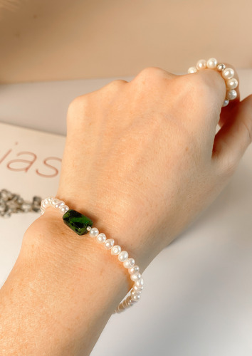 Pulseira Esmeralda Prata 925 Com Pérolas De Água Doce
