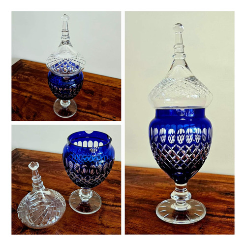 Bombonera Copón Cristal Europeo Antiguo Azul Tipo Baccarat