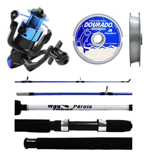 Kit Molinete Onix 3000 + Vara Pérola 1,50m 12-15 Lbs + Linha Cor Azul