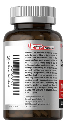Pastillas De Cafeína Horbaach 100 Mg 250 Tabletas Vegetarian