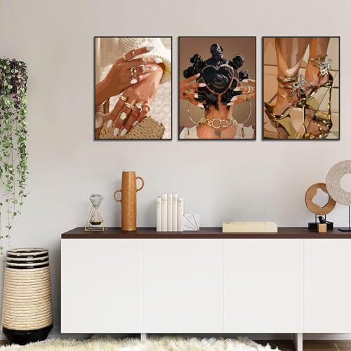 Conjunto De 3 Cuadros En Lienzo De Mujer Negra, De Moda Afro