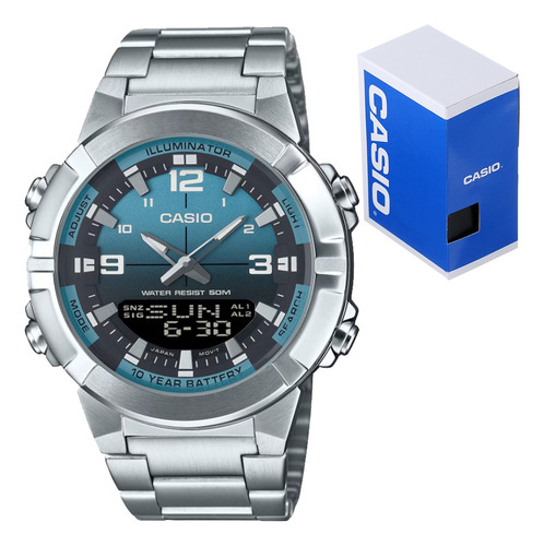 Reloj Casio Amw 870da 2a2 Acero Hora Doble 30 Memorias Plateado Plateado Azul Acero