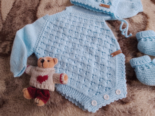 Body, Gorrita Y Escarpines Bebé Manga Larga Tejido Celeste 1-3 M