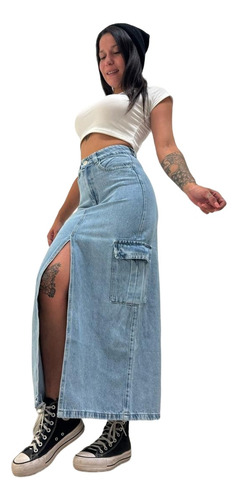 Pollera Larga Cargo Tiro Alto Denim Modeladora 928