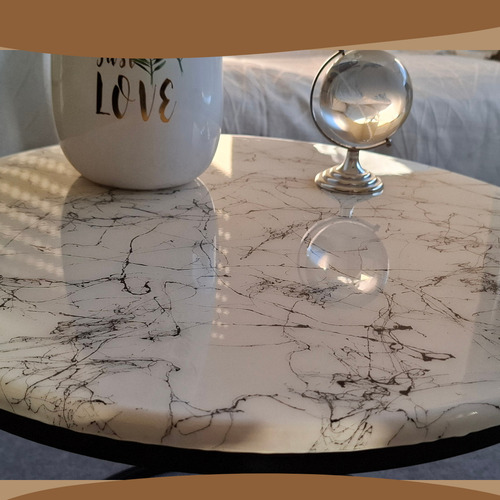 Mesa Ratona Redonda Simil Marmol Industrial Hierro Moderna Blanco